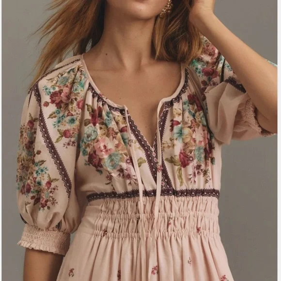 By Anthropologie-Pink Somerset puff sleeve maxi dress with floral print.Large - Picture 2 of 12